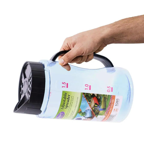 Adjustable Garden Spreader S205 for snow melt salt seeds fertilizer held in hand with lid open showcasing blue design