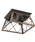 4 Light Industrial Farmhouse Flush Mount Ceiling Light Fixture With Wood Frame And Square Cage Close To Ceiling