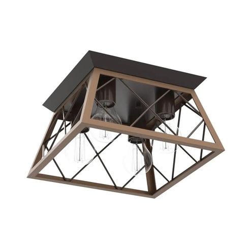 4 Light Industrial Farmhouse Flush Mount Ceiling Light Fixture With Wood Frame And Square Cage Close To Ceiling