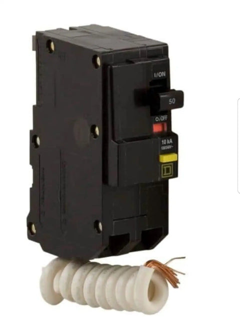 QO250GFIC 50 Amp 120/240V Miniature Circuit Breaker shown in single view with black casing and terminals.