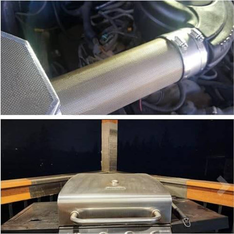 Reinforced Exhaust Heat Shield Mat 24x24 installed on hose, reflecting heat; 1200°F thermal barrier under vehicle hood