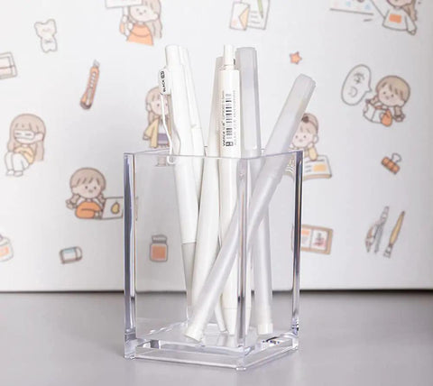 Clear Acrylic Pen And Pencil Holder Cup For Your Desk, Makeup Brush Organizer And Jewelry Holder, All In One Office Desk Essentials, 2.6 Inch By 2.6 Inch By 4 Inch, 1 Pack, shown with pens