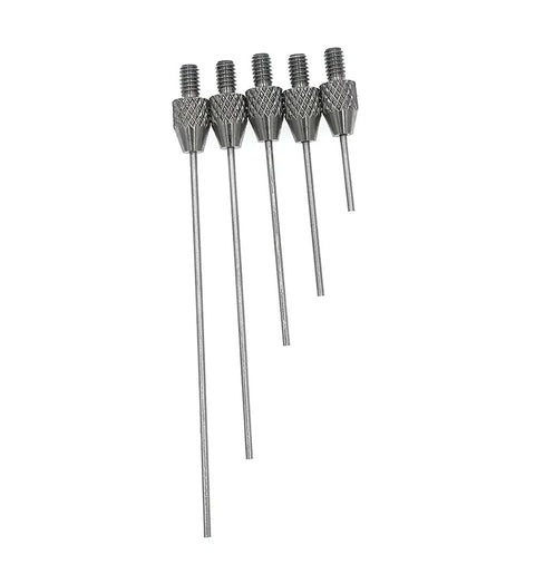 Set of 5 needle contact points for dial indicator and depth gauge, 4-48 UNF thread, 1mm stem, 10mm to 50mm lengths, metal material.