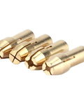 Top Tier Rotary Tool Brass Collet Set 3-Pack Featuring Quick Change Chuck With 0.5 To 3.2mm Range And 4.3mm Shank Adapter For Dremel Style Grinders And Polishers, brass collets in a row.