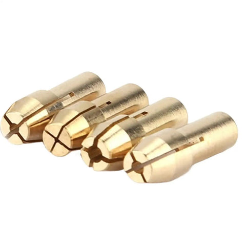 Top Tier Rotary Tool Brass Collet Set 3-Pack Featuring Quick Change Chuck With 0.5 To 3.2mm Range And 4.3mm Shank Adapter For Dremel Style Grinders And Polishers, brass collets in a row.