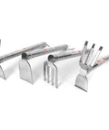 Four stainless steel double use pickaxe garden hoes for planting and weeding, featuring durable design and comfortable handling.