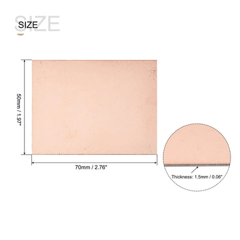 Dope Copper Clad PCB Boards For Prototyping FR4 Double Sided 70Mm By 50Mm By 1.5Mm Glass Fiber, front view with size dimensions