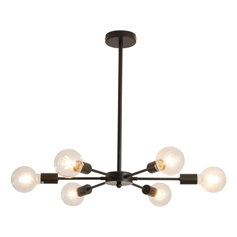 Six Light Sputnik Black Chandelier With Adjustable Height Ceiling Light Fixture showing clear bulbs and modern design