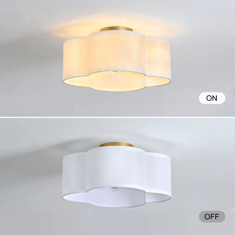 Four-Light Clover Drum Semi-Flush Ceiling Light With White Fabric Shade Close-To-Ceiling Fixture For Bedroom, Hallway, Kitchen, Corridor, Laundry Room Or Nursery E26 Bulb Compatible shown on and off