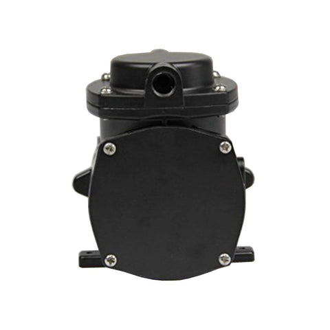 Front view of black 12V DC oil-free diaphragm vacuum pump with top inlet and screw-fastened housing, 35L/min
