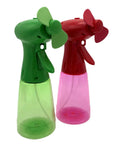 Two Pack Portable Battery Powered Misting Fans Handheld Evaporative Coolers With Safe Soft Blades And Cool Water Spray in green and red.