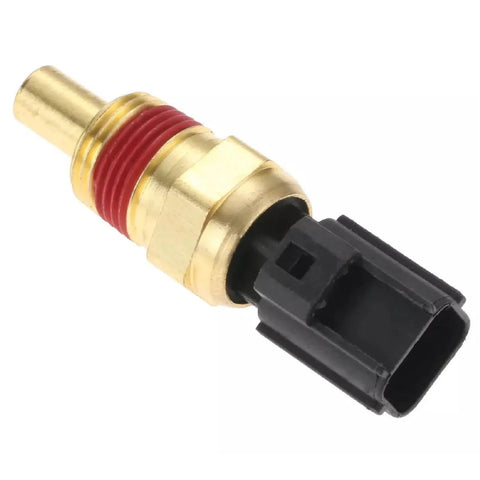 Side view: engine coolant temperature sensor with brass body and red thread sealant, black plastic connector.