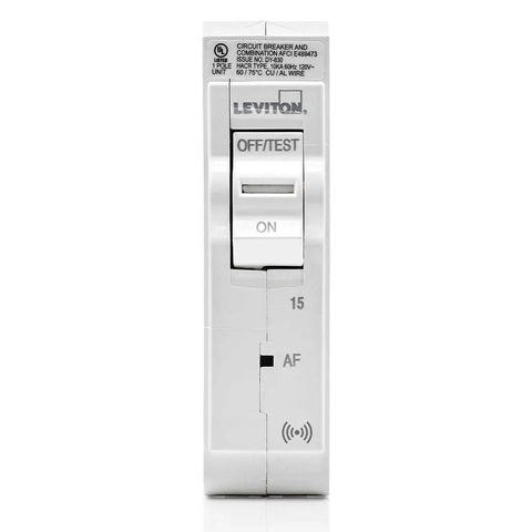 Front view of 15 Amp 1 Pole Plug On Smart AFCI Branch Circuit Breaker With Hydraulic Magnetic 120 Volt AC LB115AS White
