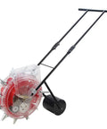 Pro Grade Garden Seeder For Backyard Sowing A Walk Behind Row Crop Planter With 7 Holes And Seed Storage Box, side view