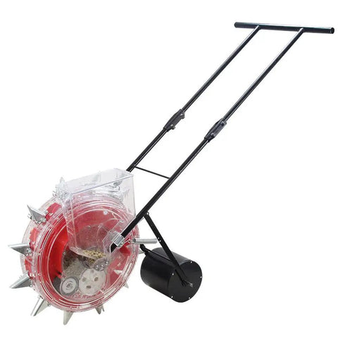 Pro Grade Garden Seeder For Backyard Sowing A Walk Behind Row Crop Planter With 7 Holes And Seed Storage Box, side view