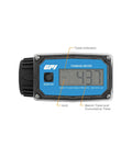 Digital Turbine Water Flow Meter With Nylon Body, Reads 3-30 GPM, Lightweight 12 Oz, Easy Nozzle Mount For Quick Reading, Water Only Meter, Durable Nylon Sensor, Includes Batteries And Manual display showing total indicator and batch total