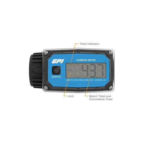 Digital Turbine Water Flow Meter With Nylon Body, Reads 3-30 GPM, Lightweight 12 Oz, Easy Nozzle Mount For Quick Reading, Water Only Meter, Durable Nylon Sensor, Includes Batteries And Manual display showing total indicator and batch total