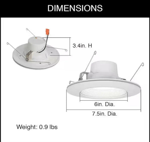 6 Inch Integrated LED Recessed Downlight With Night Light Trim dimensions and side view, 11W 670 Lumens, Wet Rated, Five Color Output Options, 2000K Amber Night Light, Lasts 50,000 Hours, Pack Of 4