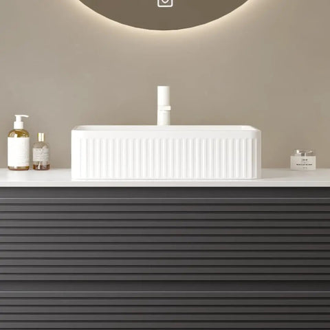 20'' Rectangular Vessel Ceramic Bathroom Sink without Faucet, Striped, White, modern design with counter setup