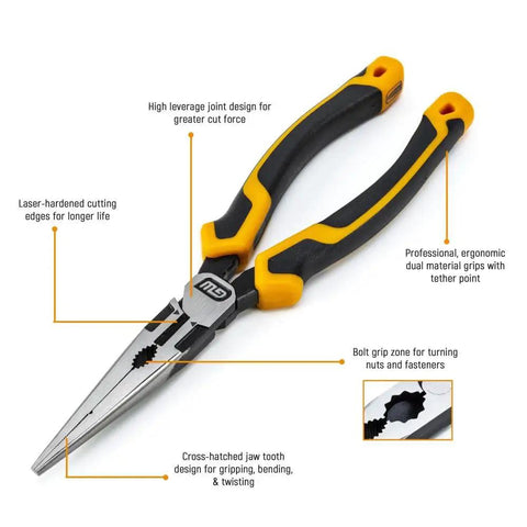 Pitbull Dual Material 4 Piece Plier Set With High Leverage Joint Beastly Grip And Cross Hatched Jaw Teeth For Superior Cutting Gripping And Pulling Power 82203C showing ergonomic handles and cross-hatched jaw teeth.
