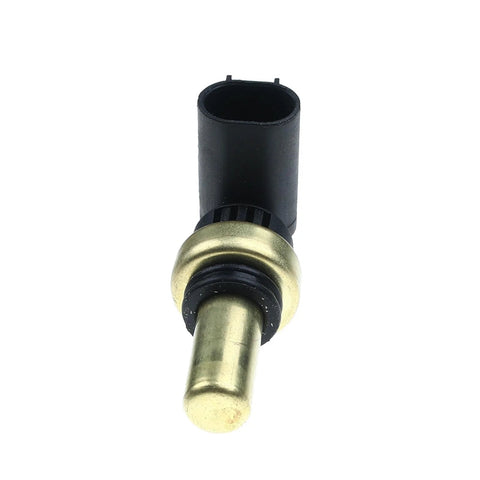 A-Premium coolant temperature sensor with brass probe and black plastic connector, close-up view.