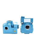 Heavy Duty Balanced Spool Valve For Industrial Pneumatic Systems With Dead On Flow Regulation And Smooth Quiet Operation Built Tough For Easy Adjustment And No Fuss Machine Installations, blue metal construction, side and top view.