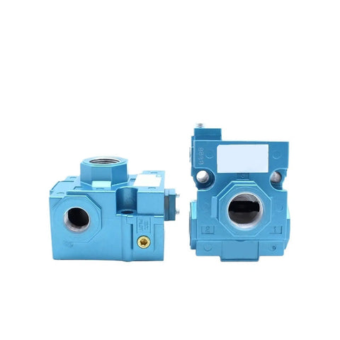 Heavy Duty Balanced Spool Valve For Industrial Pneumatic Systems With Dead On Flow Regulation And Smooth Quiet Operation Built Tough For Easy Adjustment And No Fuss Machine Installations, blue metal construction, side and top view.