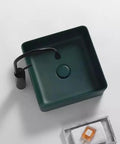 USZWBY Vessel Sinks Nordic Countertop Basin Matte Green Ceramic Square Washbasin with black faucet detail.