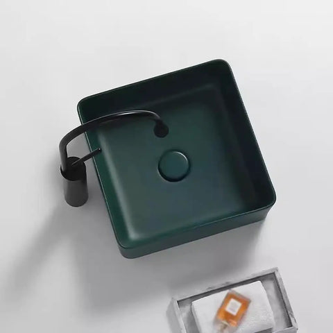 USZWBY Vessel Sinks Nordic Countertop Basin Matte Green Ceramic Square Washbasin with black faucet detail.