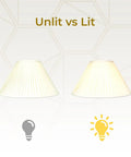 Eggshell Silk Empire Lamp Shade With Side Pleats, 6 By 18 By 11.5 Inches unlit vs lit comparison, showing light diffusion.