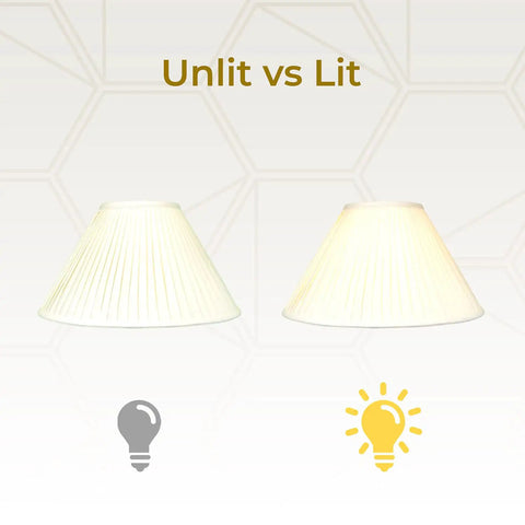 Comparison of a side pleat basic silk lamp shade eggshell 7 inch top 20 inch bottom 12.5 inch height unlit vs lit.