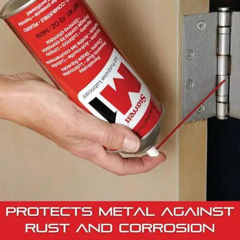 All Purpose Industrial Lubricant Spray With Micro Thin Airtight Coating Silicone Free Rust And Corrosion Protection Deep Penetration Dirt Repellent Cleans And Polishes For Motion Free Nuts Bolts And Metal Parts Keeps Gears Moving 12 Oz Aerosol Can applied to door hinge