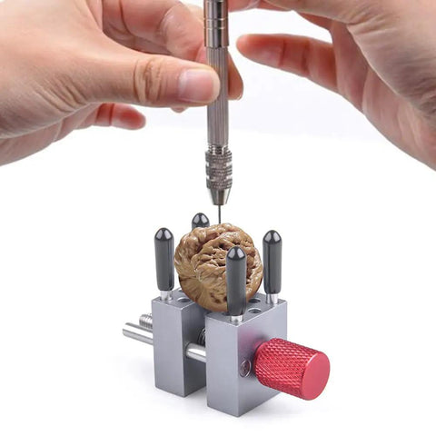 High Precision Mini Vise With Adjustable Jaws Up To 1.18 Inches For Models Hobbies Crafts Jewelry Watches And Small Electronics Tiny But Mighty Clamp For Delicate Parts, stainless steel, holding a small walnut for carving