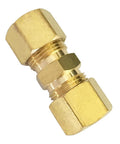 Brass compression tube union fitting, 1/4 in OD x 1/4 in OD, angled view with end hex nuts