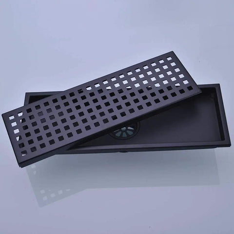 Linear Shower Floor Drain With Removable Cover Grid Grate 12 Inch Long Rectangle Stainless Steel Matte Black Finish for Modern Bathrooms