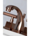 Side view of Claremont Mini Widespread Lavatory Faucet With Solid Brass Pop Up In Polished Chrome Built To Last 8 To 16 Inch Deck Mount 3 Hole Installation Drip Free Ceramic Disc 1.2 GPM Flow Half Inch IPS showing curved spout.