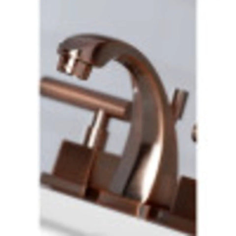 Side view of Claremont Mini Widespread Lavatory Faucet With Solid Brass Pop Up In Polished Chrome Built To Last 8 To 16 Inch Deck Mount 3 Hole Installation Drip Free Ceramic Disc 1.2 GPM Flow Half Inch IPS showing curved spout.