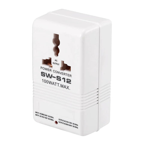 White compact Dual Channel 110V To 220V Step Up And Down Voltage Converter for travel, front view.