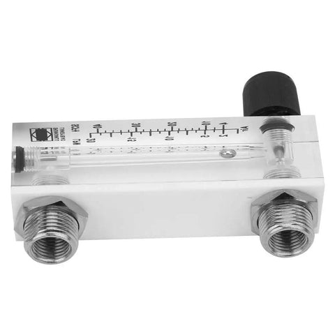 Panel Mount Gas Flowmeter LZM-6T With Adjustable Valve, 2-20 LPM And 4-40 SCFH, clear acrylic body, side view of thread interface