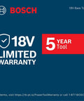 18V Limited Warranty promotional image featuring Bosch brand and 5-Year Tool guarantee.