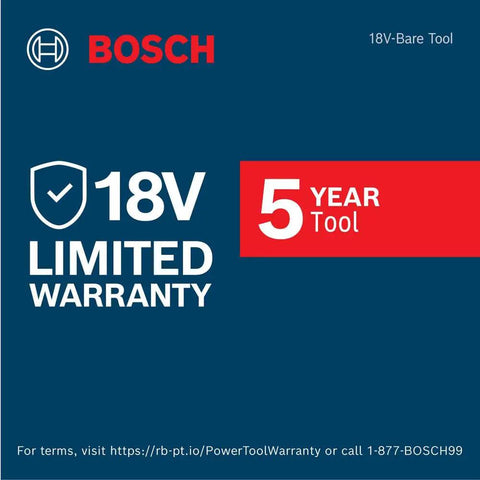 18V Limited Warranty promotional image featuring Bosch brand and 5-Year Tool guarantee.