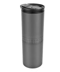 Grab Fresh Brew On The Fly With This Portable All In One Coffee Grinder And Brewer Featuring A Rechargeable Battery Adjustable Settings And Cordless Design Perfect For Travel Camping Or Office Use. Gray travel mug with a lid.