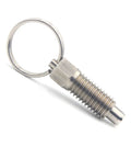Five Piece Heavy Duty Stainless Steel Index Plunger Set With Chunky Hex Knobs And Easy Grip Pull Up Screw Thread For Garage Cabinets And Job Site Gear - close-up of a single stainless steel plunger with keyring.