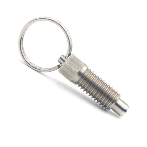 Five Piece Heavy Duty Stainless Steel Index Plunger Set With Chunky Hex Knobs And Easy Grip Pull Up Screw Thread For Garage Cabinets And Job Site Gear - close-up of a single stainless steel plunger with keyring.