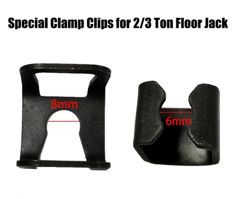 Six Piece Floor Jack Spare Parts Kit For 2 Ton And 3 Ton Horizontal Car Floor Jacks Hoop Claw Clamp Clips Stainless Steel Replacement Easy Install Durable Universal Fit Pro Grade; 8mm and 6mm black clamp clips shown.