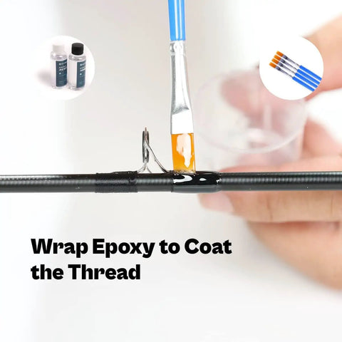 Applying epoxy on a fishing rod thread from the Fishing Rod Repair Kit With Epoxy Glue, Wrapping Thread, Clipper, And Masking Tape For Quick On The Spot Rod Fixes And Tip Repairs, Perfect For DIY Anglers Building Or Repairing Poles, Durable Supplies