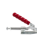 Side view of a single toggle latch clamp with red handle, part of the Five Pack Toggle Latch Clamps For Woodworking, Quick Release Push Pull Clamps For Table Saw Fence Positioning, Hold Down Jigs And Fixtures, Non Slip Secure Grip, Cold Rolled Steel Construction.