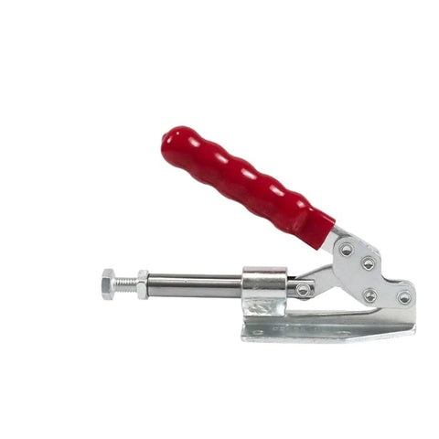 Side view of a single toggle latch clamp with red handle, part of the Five Pack Toggle Latch Clamps For Woodworking, Quick Release Push Pull Clamps For Table Saw Fence Positioning, Hold Down Jigs And Fixtures, Non Slip Secure Grip, Cold Rolled Steel Construction.