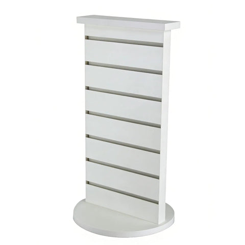 Two Sided Slatwall Counter Spinner Display Rack In Maple Finish For Giftware And Jewelry, Rotating Spin Rack With Black Base