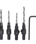 Adjustable Countersink Drill Bit Set For Woodworking - Four Piece Kit With Sizes 6 8 10 12 And Wrench, Quickly Replaceable Bits